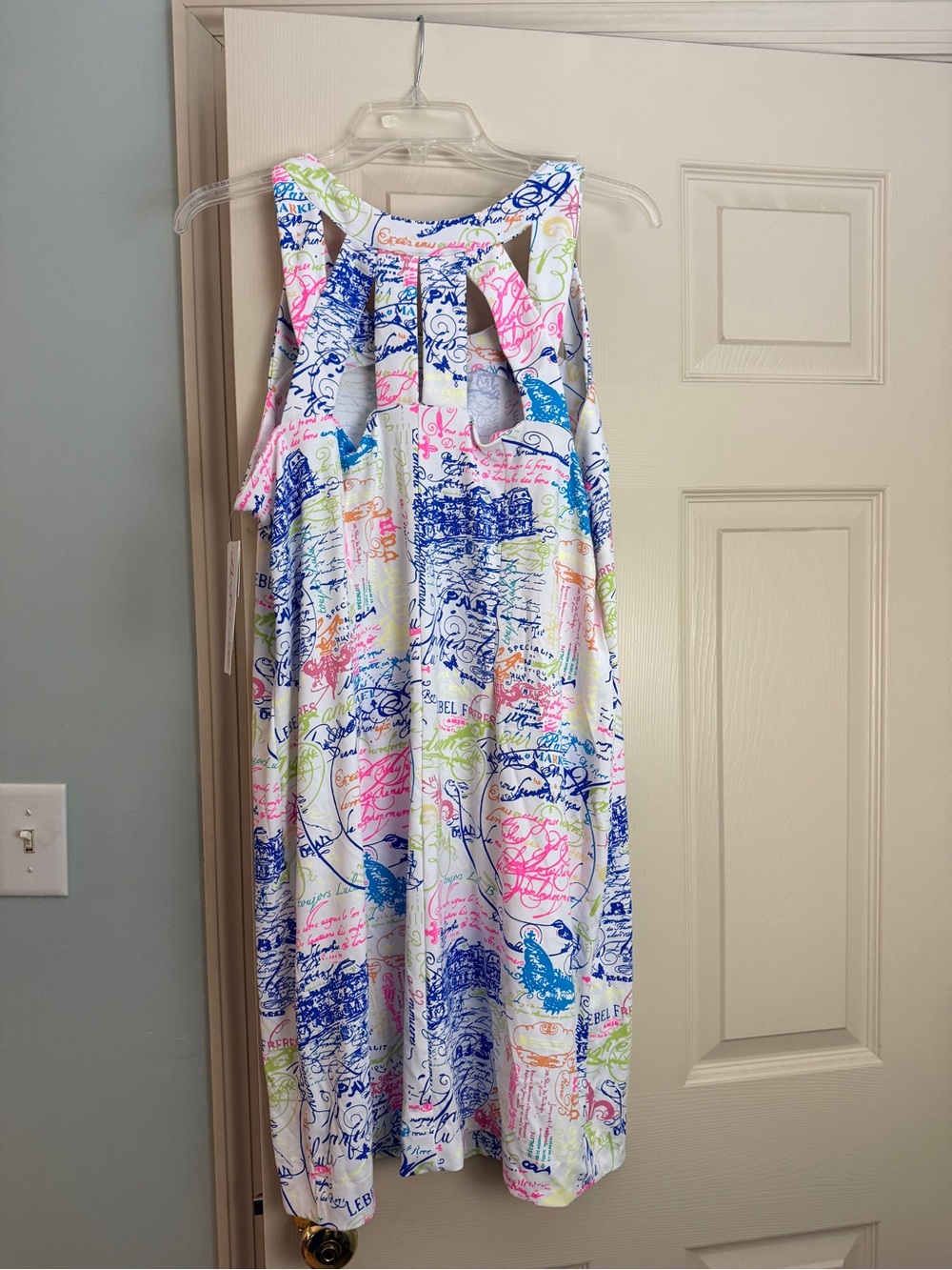 Lulu-B White Dress with Blue, Pink & Green Script Print - Picture 2 of 2